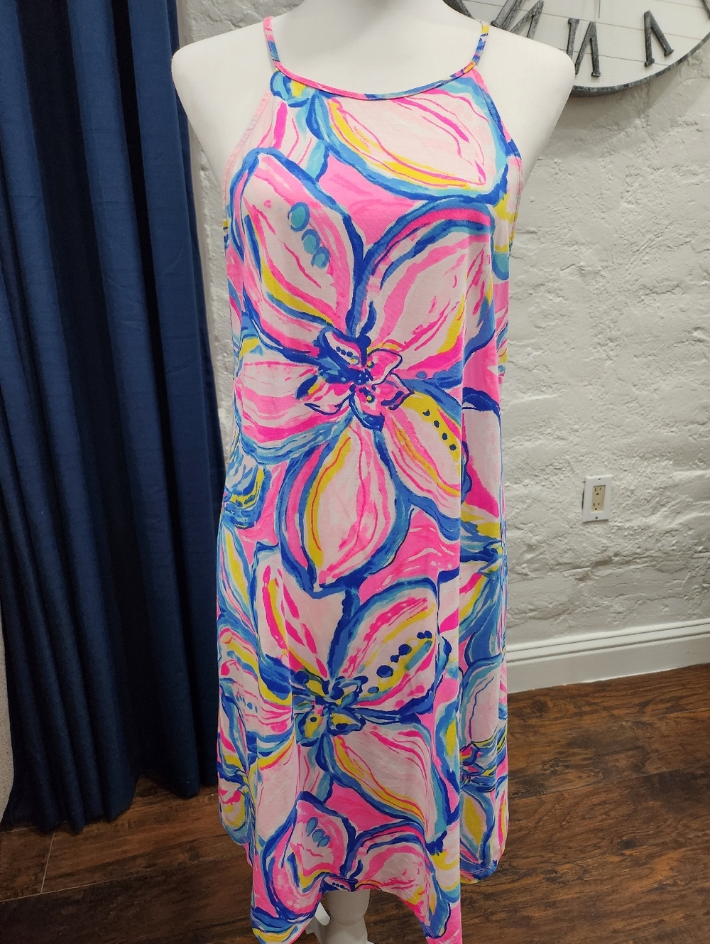 Lilly Pulitzer Midi Dress Pink Yellow Blue Size LARGE cotton